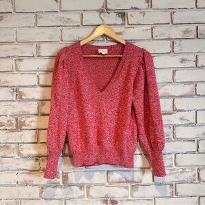 Sundays Marled Red V-neck Puff Sleeve Sweater
